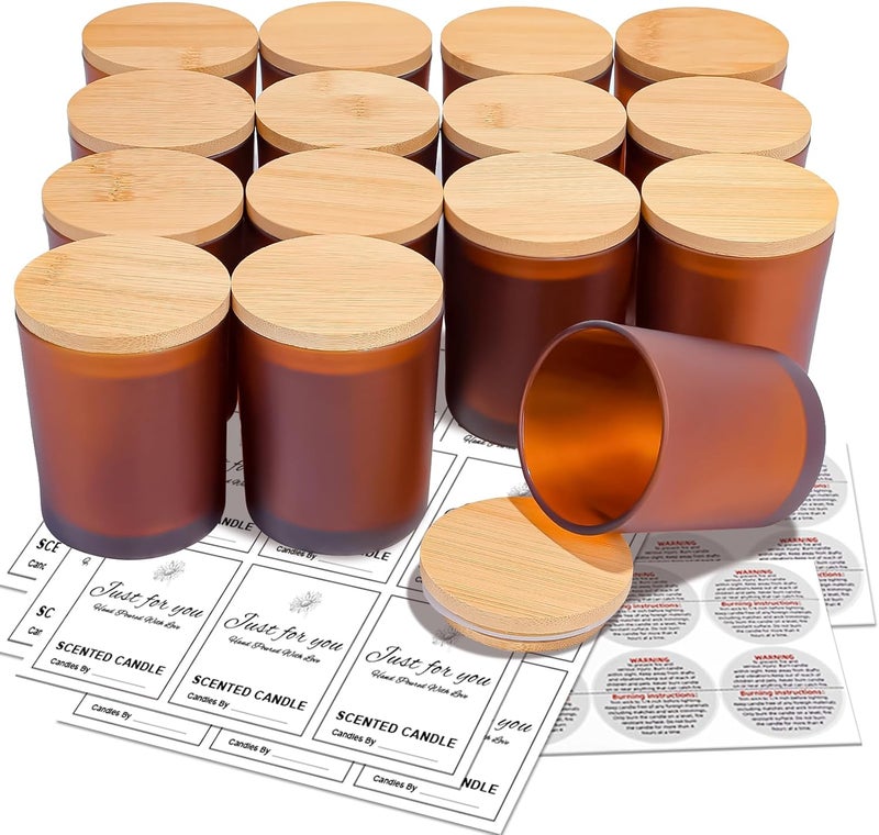 CONNOO 15-Pack 7oz Fall Amber Candle Jars with Bamboo Lids & Sticky Labels – Thick Glass Candle Jars for DIY Making, Dishwasher Safe, Bulk Set - Image 1